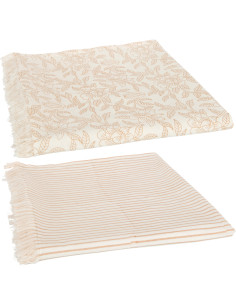 Nappe Rectangulaire Indi 135x275 en Coton Beige Taupe Motif Lignes & Feuilles Avec franges (Lot de 2) - 1
