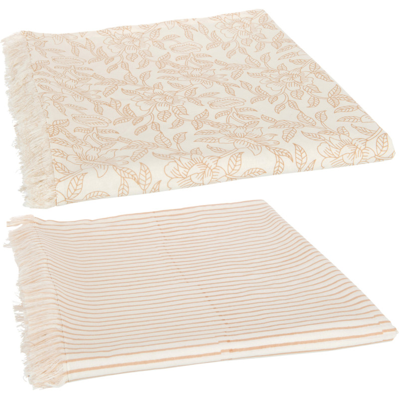 Nappe Rectangulaire Indi 135x275 en Coton Beige Taupe Motif Lignes & Feuilles Avec franges (Lot de 2) - 1