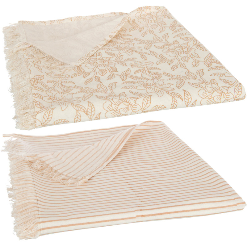 Nappe Rectangulaire Indi 135x275 en Coton Beige Taupe Motif Lignes & Feuilles Avec franges (Lot de 2) - 3