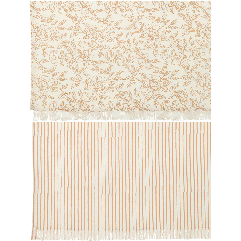 Nappe Rectangulaire Indi 135x275 en Coton Beige Taupe Motif Lignes & Feuilles Avec franges (Lot de 2) - 4