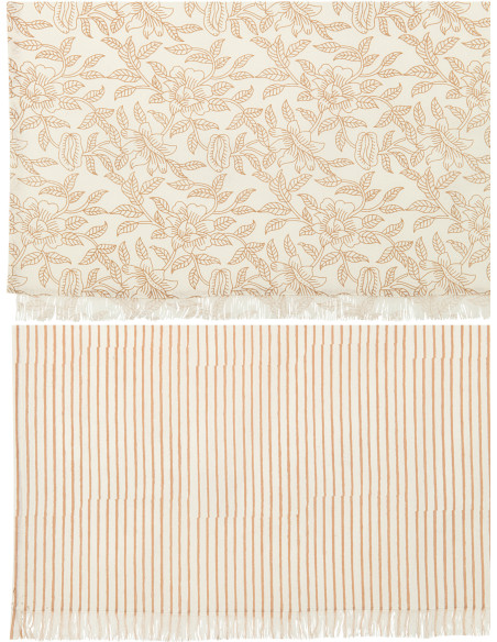 Nappe Rectangulaire Indi 135x275 en Coton Beige Taupe Motif Lignes & Feuilles Avec franges (Lot de 2) - 4