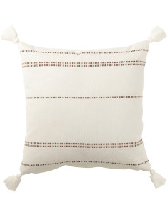 Coussin Carré Punto 50x50 en Coton Blanc Marron Motif pointillés Avec pompons - 1