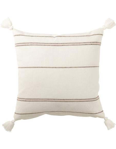 Coussin Carré Punto 50x50 en Coton Blanc Marron Motif pointillés Avec pompons - 1