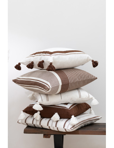 Coussin Carré Punto 50x50 en Coton Blanc Marron Motif pointillés Avec pompons - 2