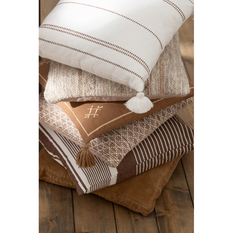 Coussin Carré Punto 50x50 en Coton Blanc Marron Motif pointillés Avec pompons - 5