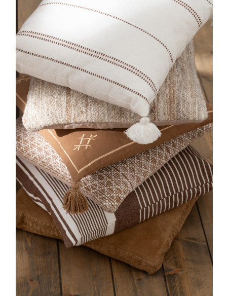 Coussin Carré Punto 50x50 en Coton Blanc Marron Motif pointillés Avec pompons - 5