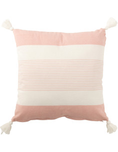 Coussin Carré Mik 50x50 en Coton Rose Blanc Motif lignes Avec pompons - 1