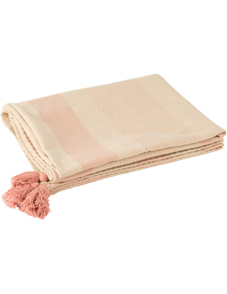 Plaid 130x180 Mik en Polyester Rose Beige Motif rayures avec pompons - 1