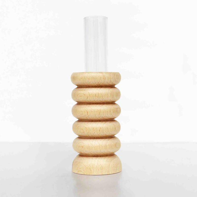 Vase original Soliflore Hauteur 15 cm en Bois de hêtre massif Naturel Verre Transparent Totem 1 - 7