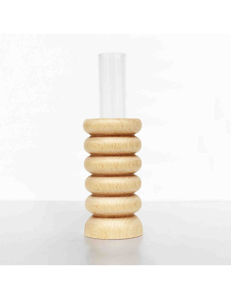 Vase original Soliflore Hauteur 15 cm en Bois de hêtre massif Naturel Verre Transparent Totem 1 - 7