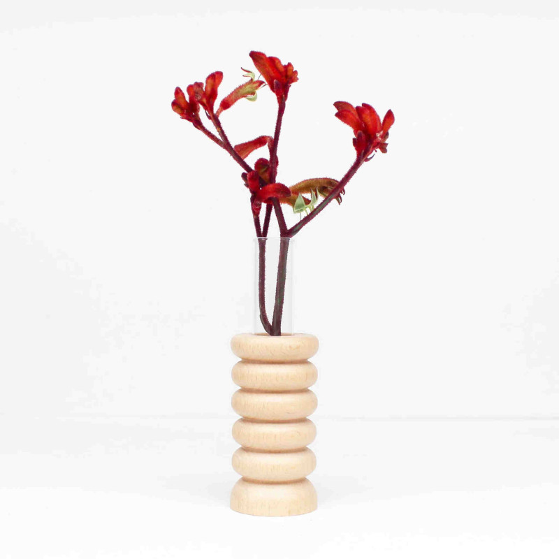 Vase original Soliflore Hauteur 15 cm en Bois de hêtre massif Naturel Verre Transparent Totem 1 - 3