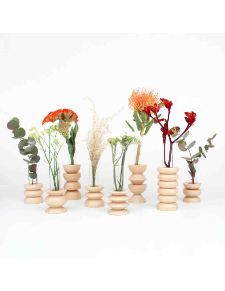 Vase original Soliflore Hauteur 15 cm en Bois de hêtre massif Naturel Verre Transparent Totem 1 - 5