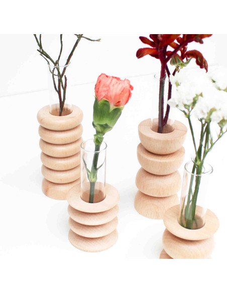 Vase original Soliflore Hauteur 15 cm en Bois de hêtre massif Naturel Verre Transparent Totem 1 - 6