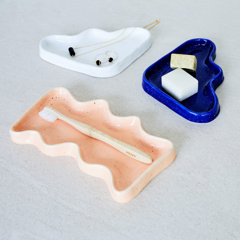 Vide poche organique design Rectangle 22x12 en Céramique Pêche Moucheté Wave - 2