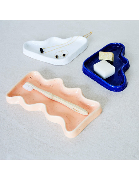 Vide poche organique design Rectangle 22x12 en Céramique Pêche Moucheté Wave - 2