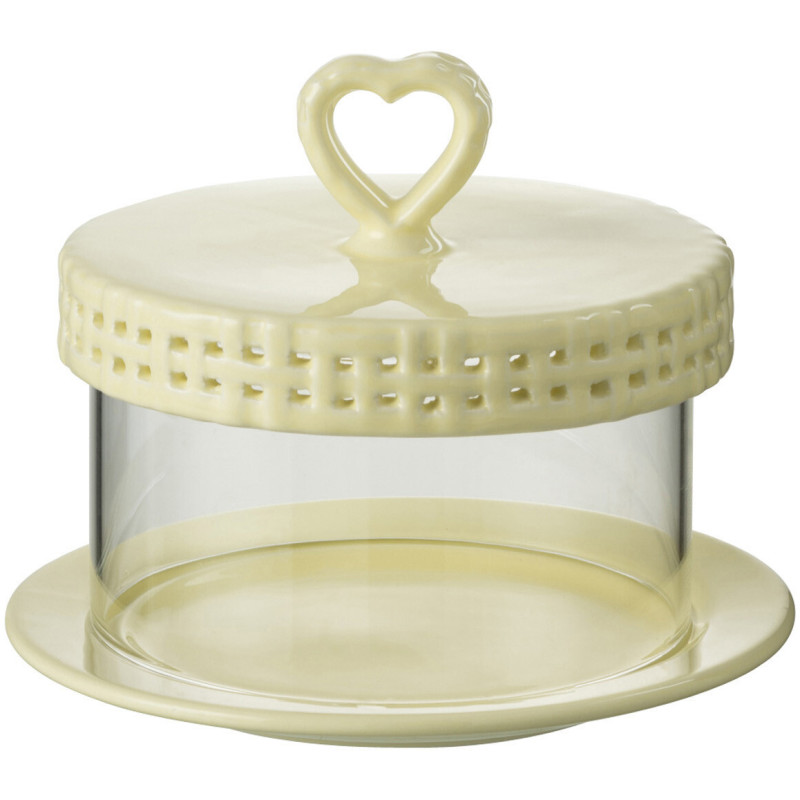 Présentoir pour gâteau Rond Gourmandise en Céramique Jaune Avec cloche Verre Transparent - 1