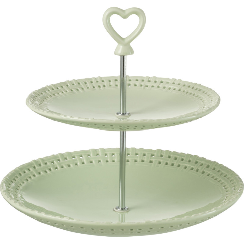 Présentoir à gâteaux Rond 2 niveaux Gourmandise en Céramique Vert Avec cloche - 1