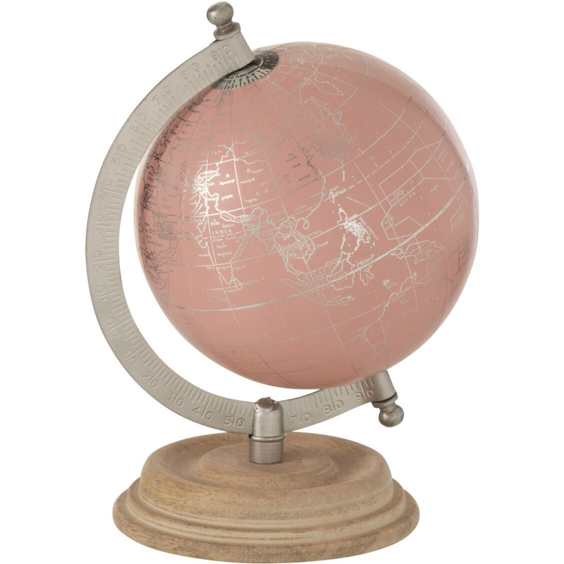 Globe terrestre décoratif Amélia Hauteur 20 cm en Bois de manguier Naturel Plastique Argenté Rose - 1