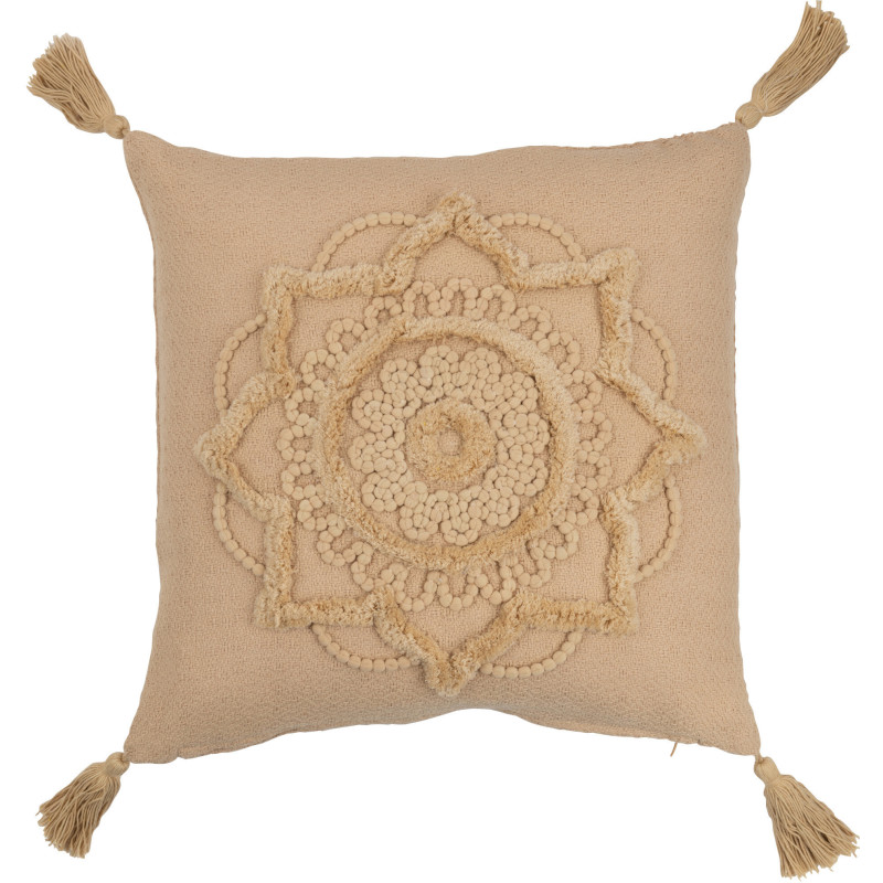 Coussin Carré Trivose 45x45 en Coton Beige Motif fleur Avec pompons - 1