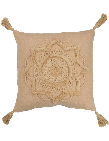 Coussin Carré Trivose 45x45 en Coton Beige Motif fleur Avec pompons - 1