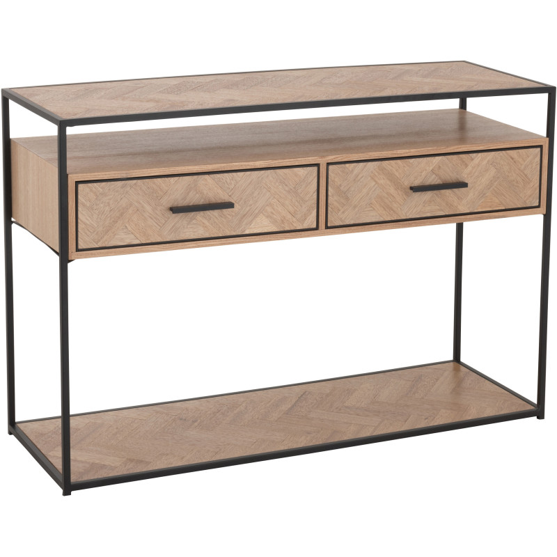 Console Rectangulaire 2 tiroirs 2 étagères Zigzag en Bois Naturel Métal Noir - 1
