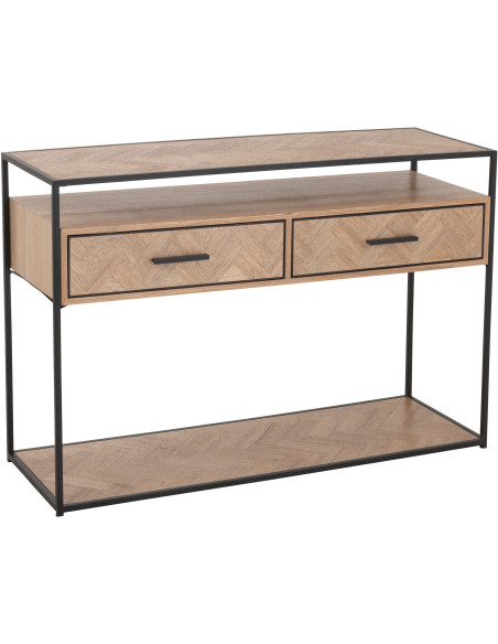Console Rectangulaire 2 tiroirs 2 étagères Zigzag en Bois Naturel Métal Noir - 1