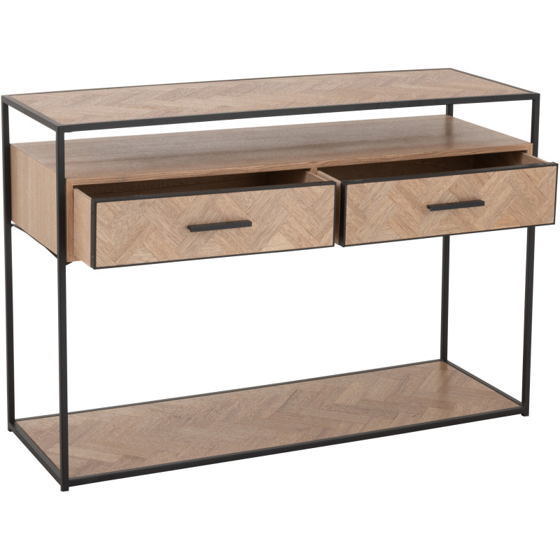 Console Rectangulaire 2 tiroirs 2 étagères Zigzag en Bois Naturel Métal Noir - 8