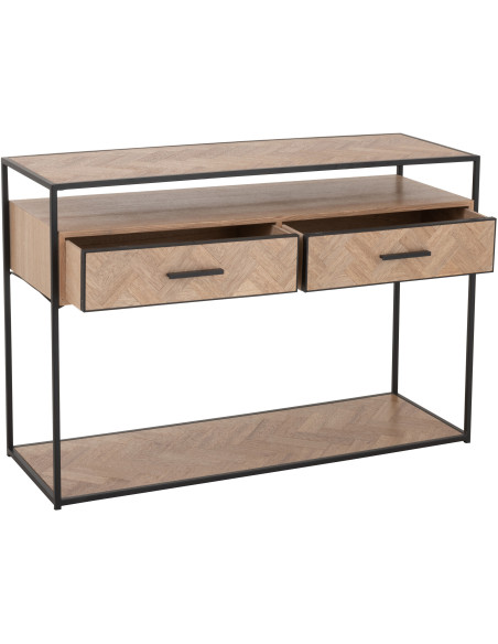 Console Rectangulaire 2 tiroirs 2 étagères Zigzag en Bois Naturel Métal Noir - 8