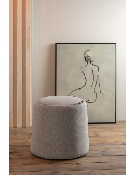 Pouf Rond Tomasi en Tissu Beige Bois Naturel Avec coffre de rangement - 2