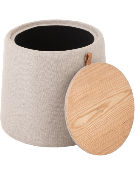 Pouf Rond Tomasi en Tissu Beige Bois Naturel Avec coffre de rangement - 5