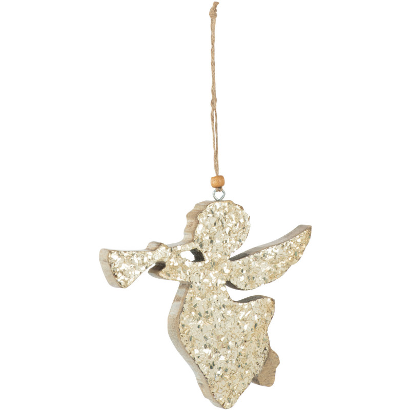 Suspension de Noël Ange avec trompette en Bois de manguier Doré Avec paillettes - 1
