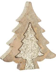 Décoration de Noël Sapin Puzzle en Bois de manguier Naturel Doré Avec paillettes - 1