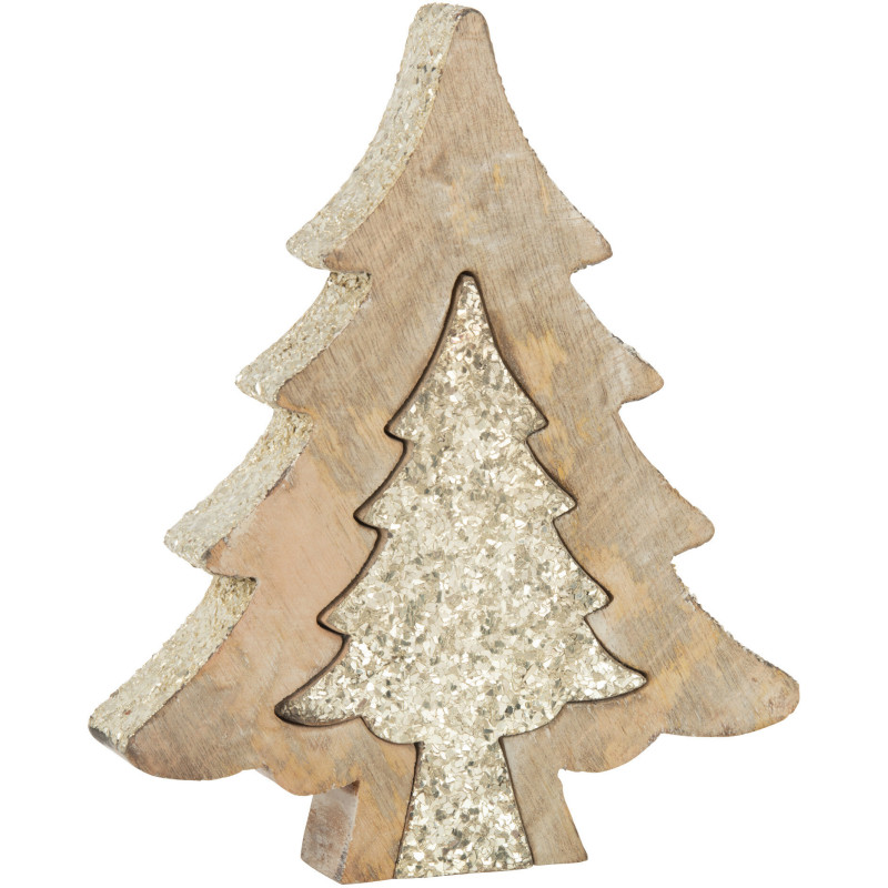 Décoration de Noël Sapin Puzzle en Bois de manguier Naturel Doré Avec paillettes - 1