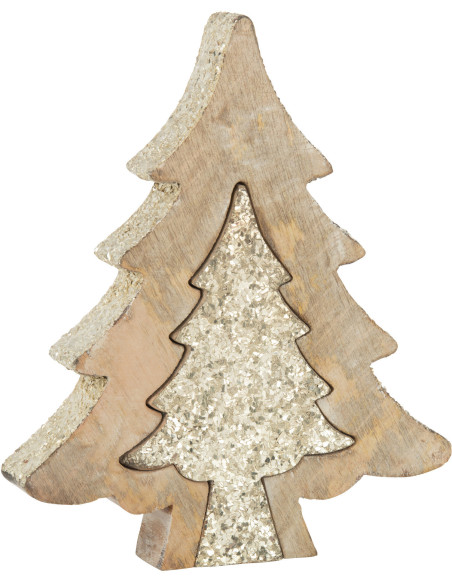 Décoration de Noël Sapin Puzzle en Bois de manguier Naturel Doré Avec paillettes - 1
