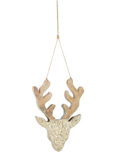 Suspension de Noël XL Renne en Bois de manguier Doré Naturel Avec paillettes - 1