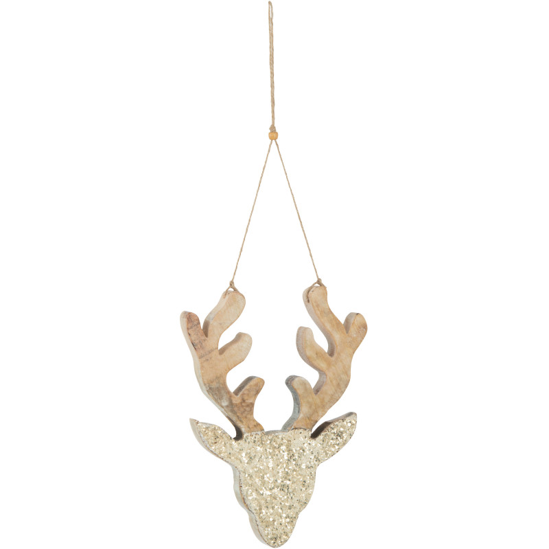 Suspension de Noël XL Renne en Bois de manguier Doré Naturel Avec paillettes - 1