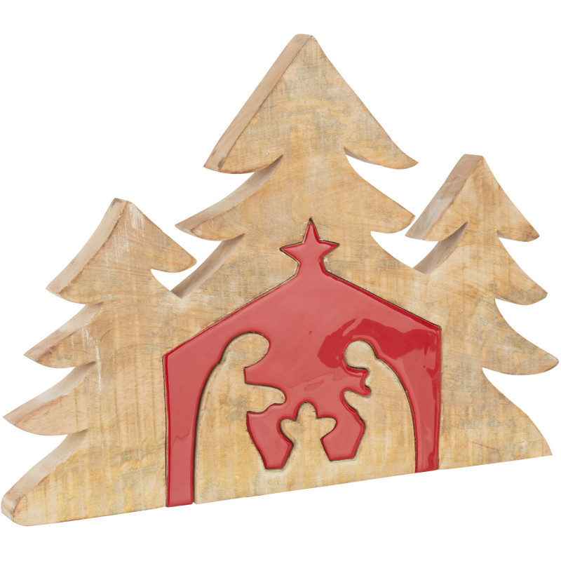 Crêche de Noël XL Puzzle en Bois de manguier Rouge Naturel - 1