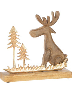 Statue déco Élan Derland Aluminium Doré Bois Naturel Sur socle - 1