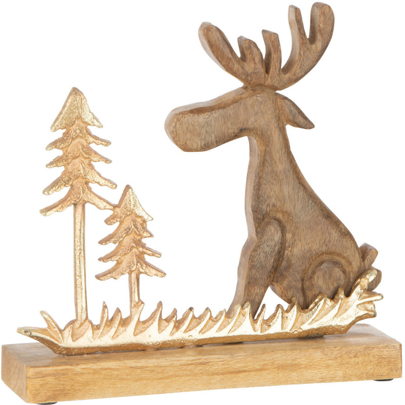 Statue déco Élan Derland Aluminium Doré Bois Naturel Sur socle - 1