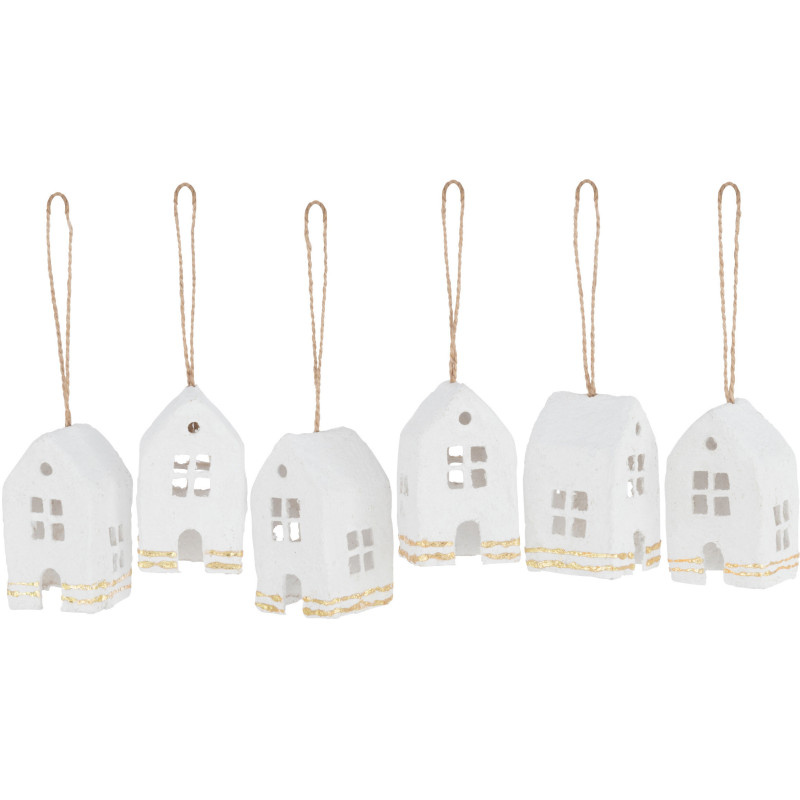Suspension de Noël Maison Hauteur 10 cm en Coton maché Blanc Doré (Lot de 6) - 1
