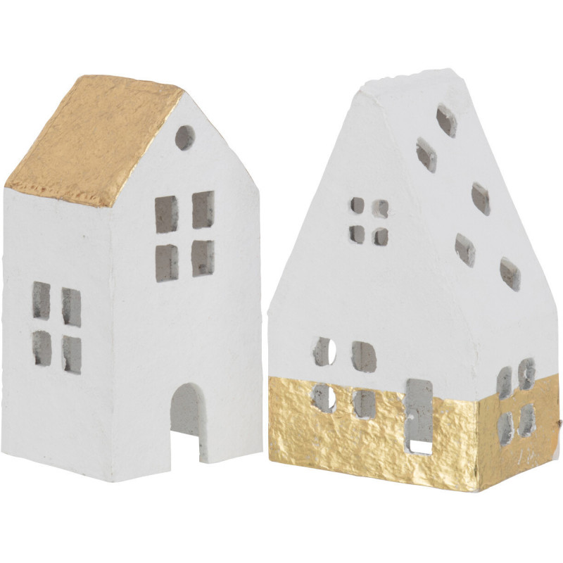 Déco de Noël Maison Hauteur 20 cm en Coton maché Blanc Doré (Lot de 2) - 1