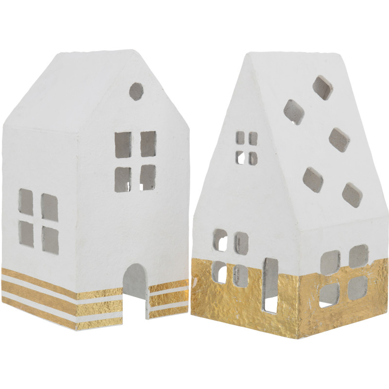 Déco de Noël Maison Hauteur 40 cm en Coton maché Blanc Doré (Lot de 2) - 1