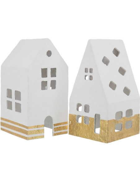 Déco de Noël Maison Hauteur 40 cm en Coton maché Blanc Doré (Lot de 2) - 1
