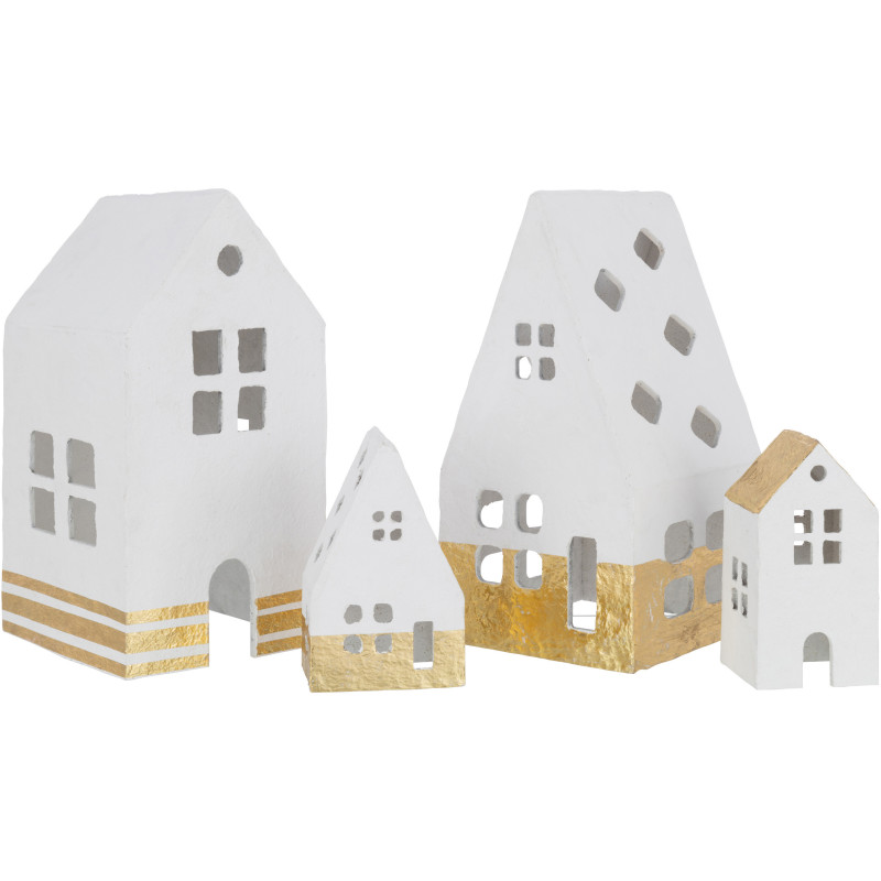 Déco de Noël Maison Hauteur 40 cm en Coton maché Blanc Doré (Lot de 2) - 2
