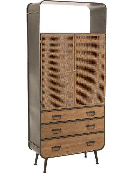 Armoire arrondie métal noir et bois 3 tiroirs 2 portes - 1