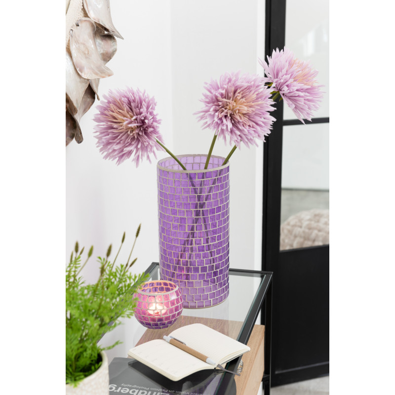Vase Cylindrique Carrelio Hauteur 30 cm en Verre Mauve Motif mosaïque - 2