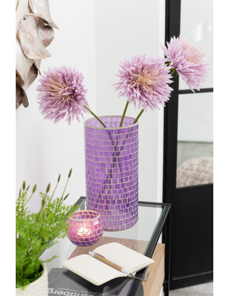 Vase Cylindrique Carrelio Hauteur 30 cm en Verre Mauve Motif mosaïque - 2