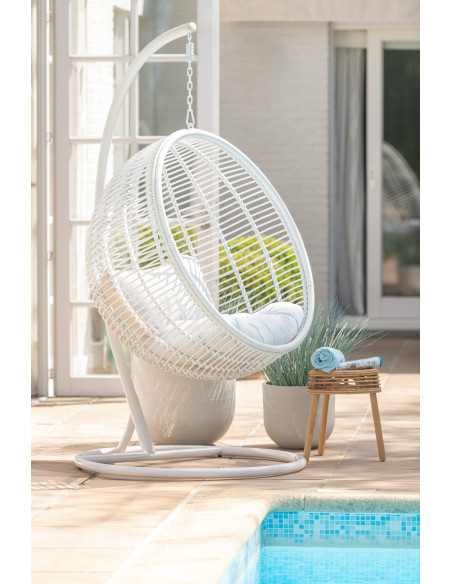 Fauteuil suspendu Rond avec pied Paradiso en Osier Blanc Métal Blanc Coton Blanc - 2