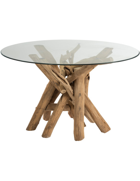 Table à manger Ronde 6 personnes Raw en Bois d'eucalyptus Naturel Verre Transparent - 1