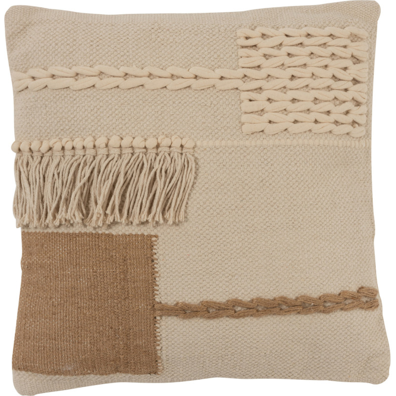 Coussin Carré Pieces 45x45 en Coton Beige Marron Avec franges - 1